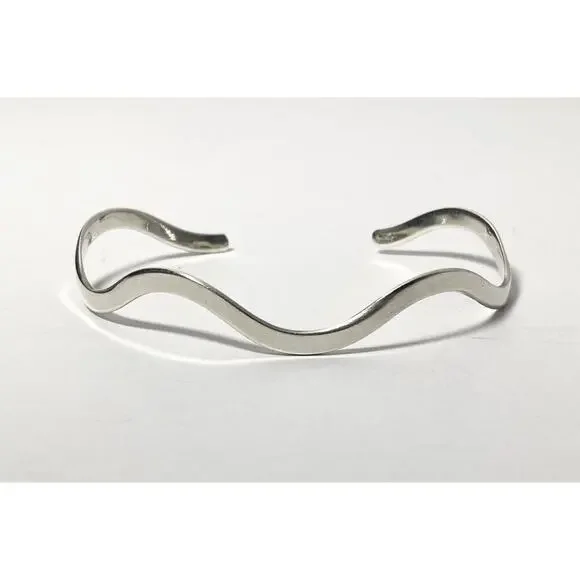 Minimalist Sterling Silver .925 Fluid Wavy Open Cuff Adjustable Bracelet - Picture 2 of 5
